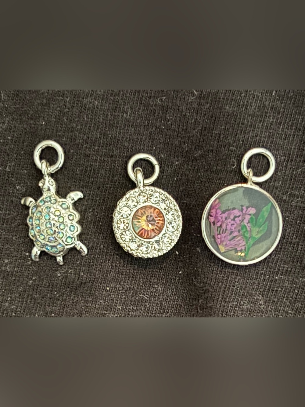 Silver Turtle, Crystal Disc & Floral Charm Bracelet Set - Silver